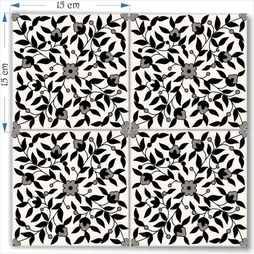 Four floral  series black and white tiles together