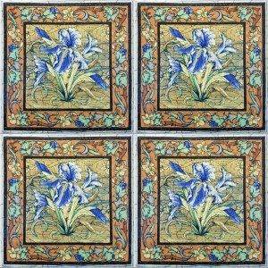 Four Blue Lilly Victorian Vintage Tiles