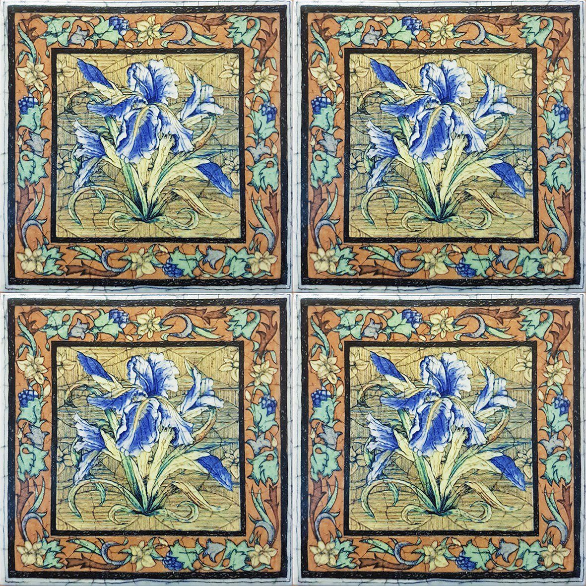 Four Blue Lilly Victorian Vintage Tiles