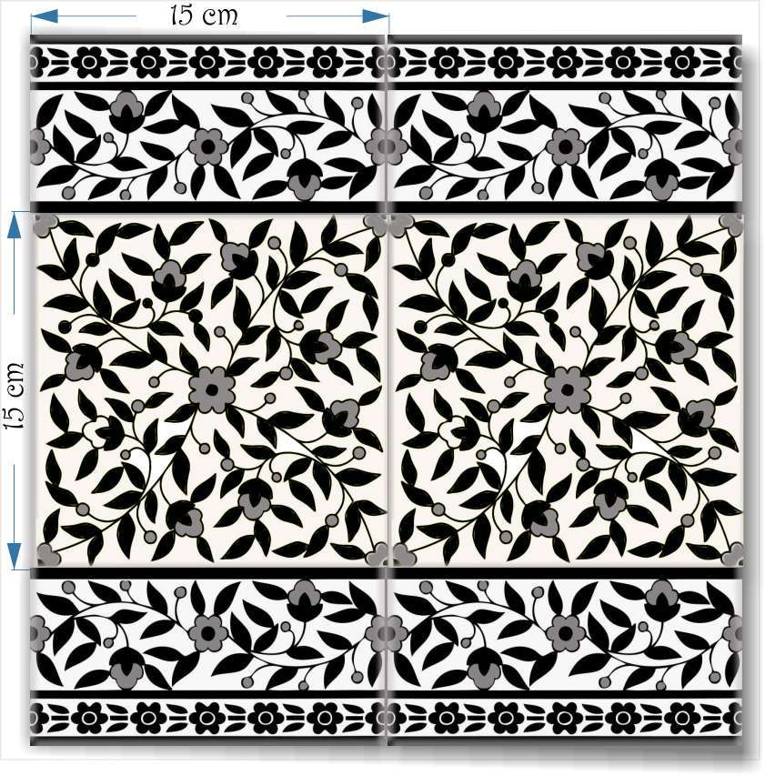 Floral Series 6x3 inch black and white border with 6x6 inch floral tile