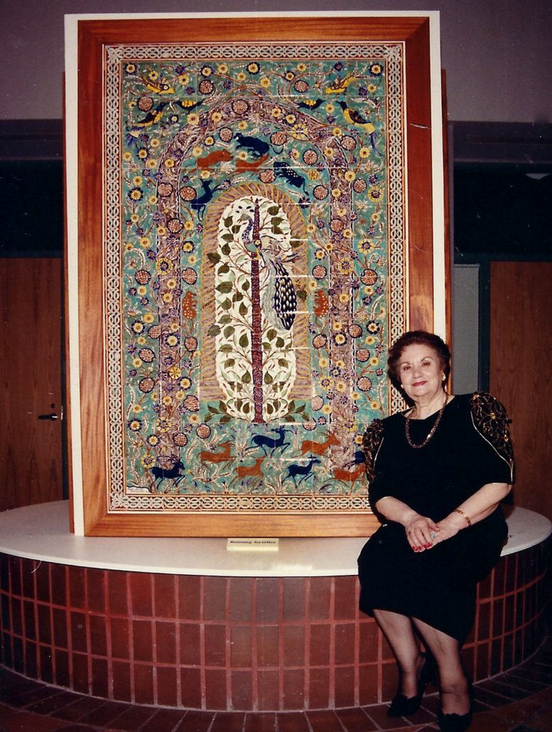 Marie Balian with one of her artistic tile paintings at the Smithsonian in 1992