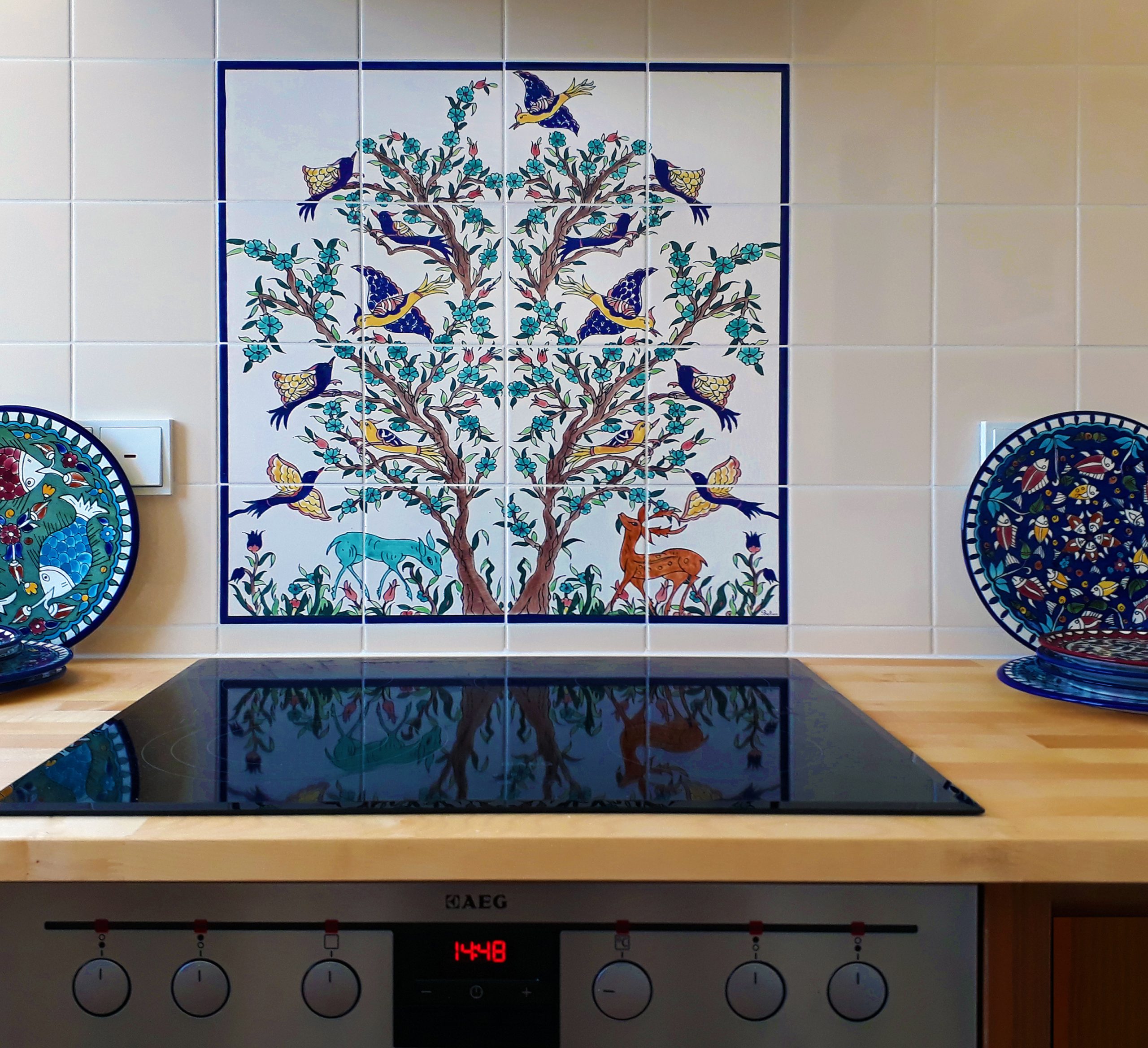 The Olive Tree of Jerusalem kitchen backsplash tile mural - hand decorated ceramic