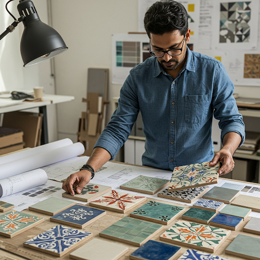 Hand painted tiles chosen by architects