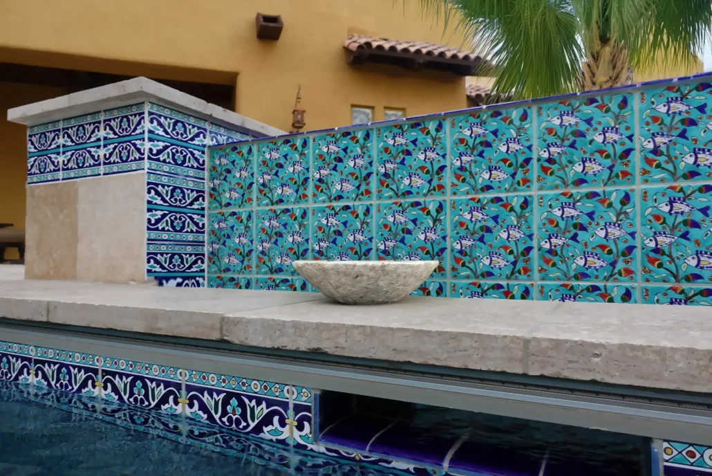 Porcelain 6x6 inch swimming pool tiles with a fish pattern