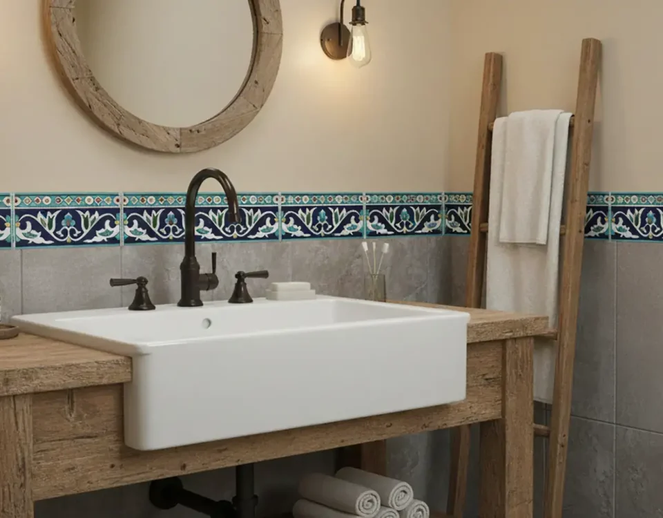 Hand-painted subway tiles for a walk-in shower wall — artisan ceramic tiles by Balian Ceramics