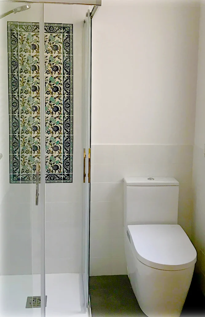 Balian 6x6 inch decorative hand-decorated tiles in a small shower area. Matching 6x3 inch subway tiles in blue