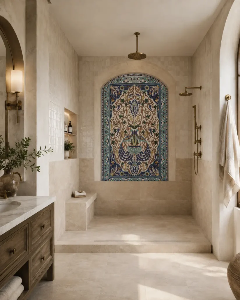 A hand-decorated custom tile mural in a bathroom setting covering the shower area wall