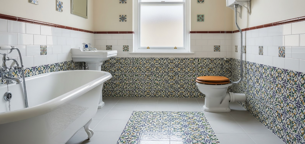 A custom vintage bathroom with Victorian tiles