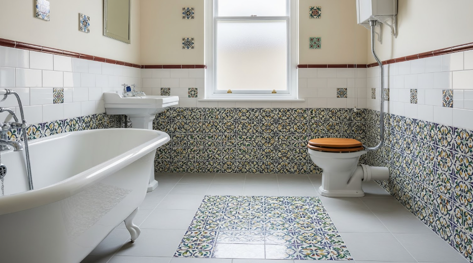A custom vintage bathroom with Victorian tiles