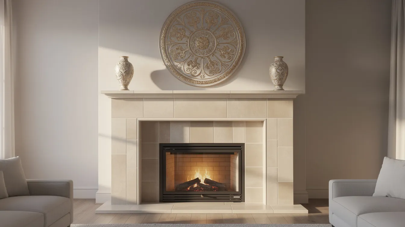 The image features an elegant fireplace surround adorned with a symmetrical layout of porcelain tiles, highlighted by a central decorative medallion, creating a stunning focal point in the living space. The combination of materials showcases both aesthetic appeal and durability, making it a great choice for contemporary homes.