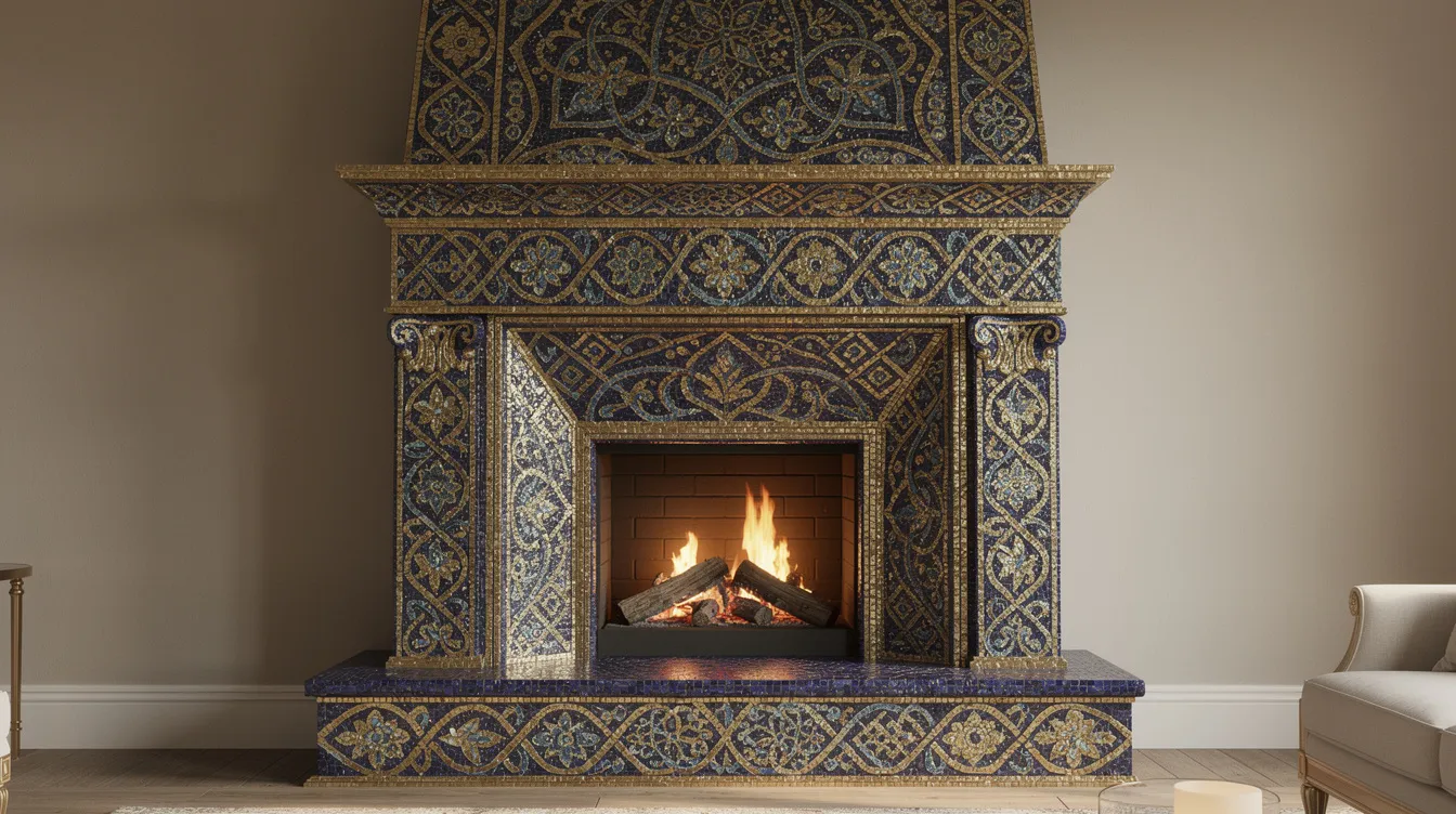 The image features an intricate mosaic fireplace surround adorned with blue and gold arabesque patterns, creating a stunning focal point in the living space. The decorative porcelain tiles not only enhance the aesthetic appeal but are also designed to withstand high temperatures, making them a durable choice for modern homes.
