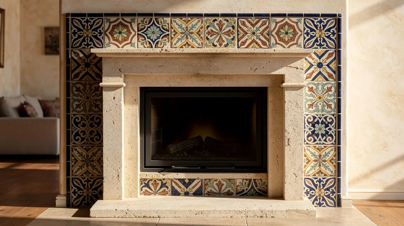 The image features a stunning Mediterranean-style fireplace surround, adorned with hand-painted ceramic tiles that showcase vibrant colors and intricate patterns, creating a charming focal point in the room. The limestone mantel complements the decorative tiles, enhancing the aesthetic appeal and warmth of the living space.