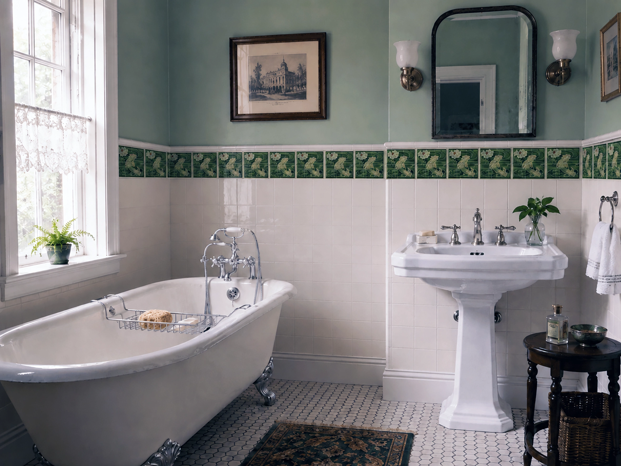 Vintage tile bathroom using a Balian 15x15cm art deco tile reproduction A Vintage Bathroom tile idea using Balian art deco reproduction 15x15 cm tile
