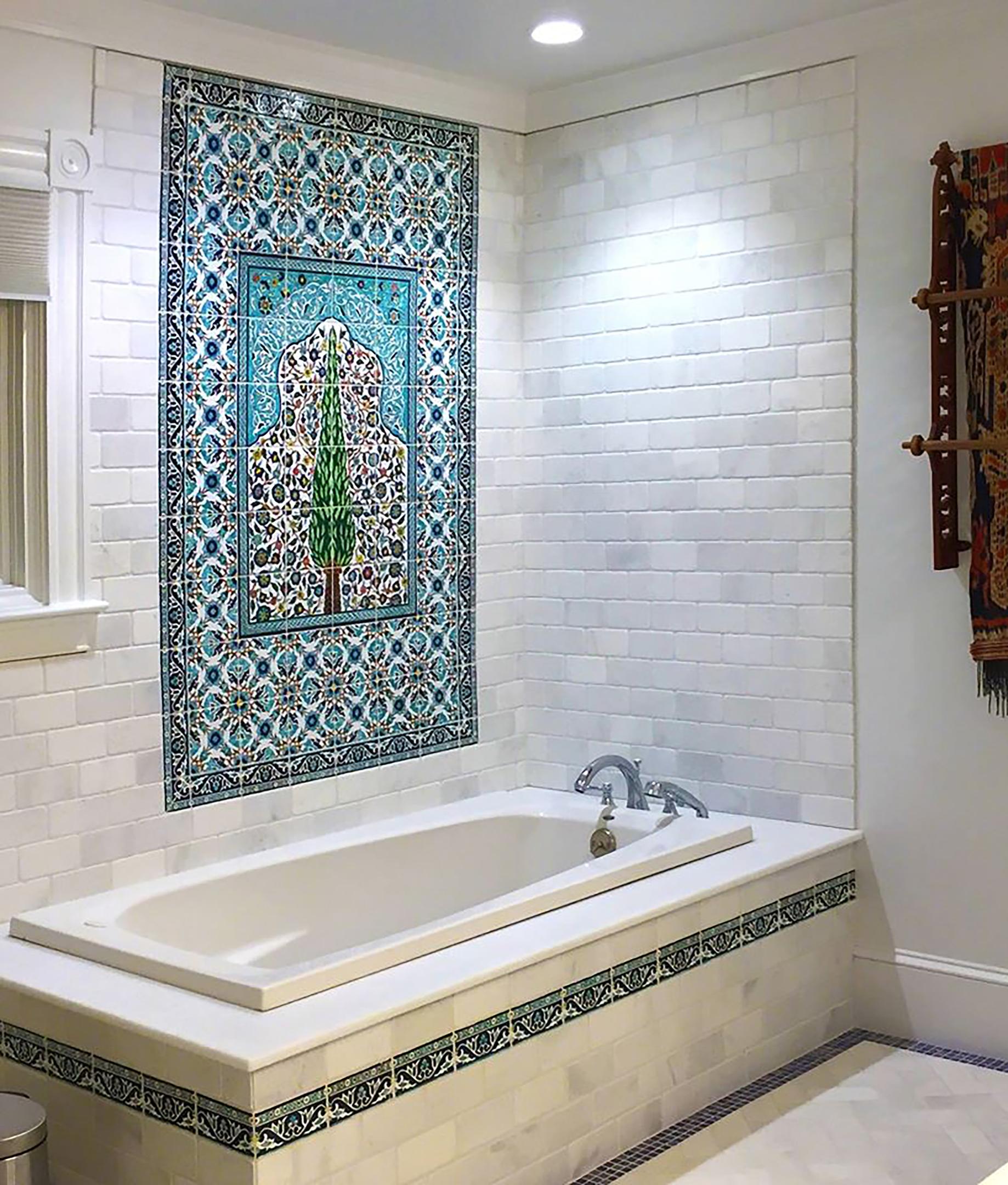 Balian Decorative tiles and a Cyprus Tree tile mural used for a stunning bathroom effect