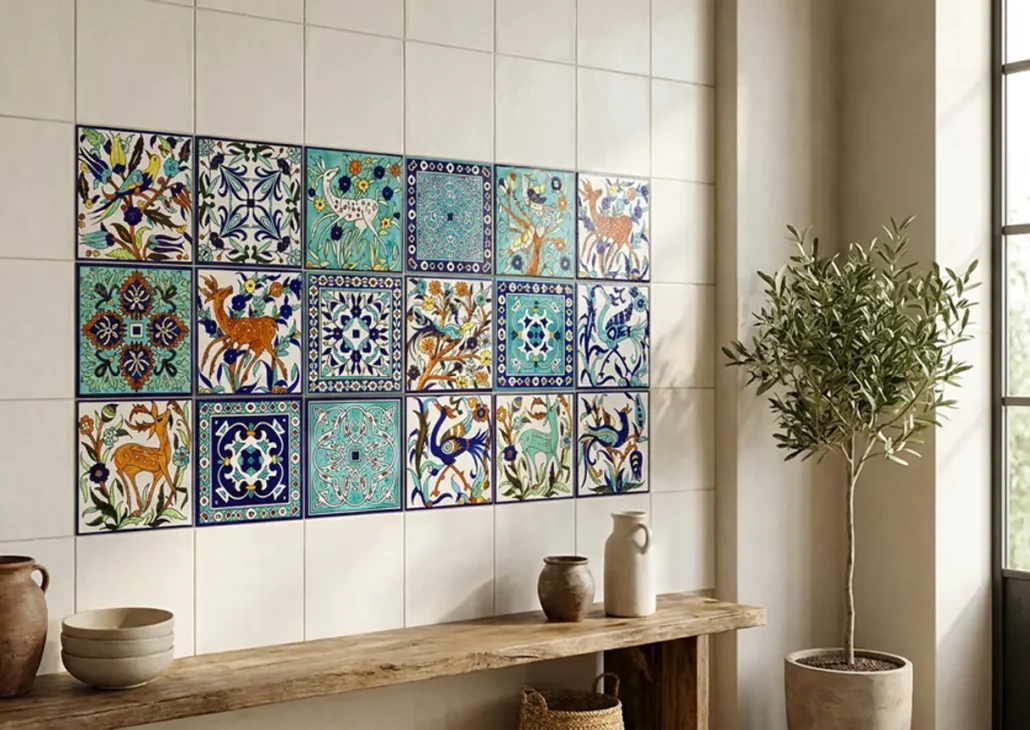 18 15x15 cm hand-painted accent tiles on an interior wall with an indoor plant on the right by a window