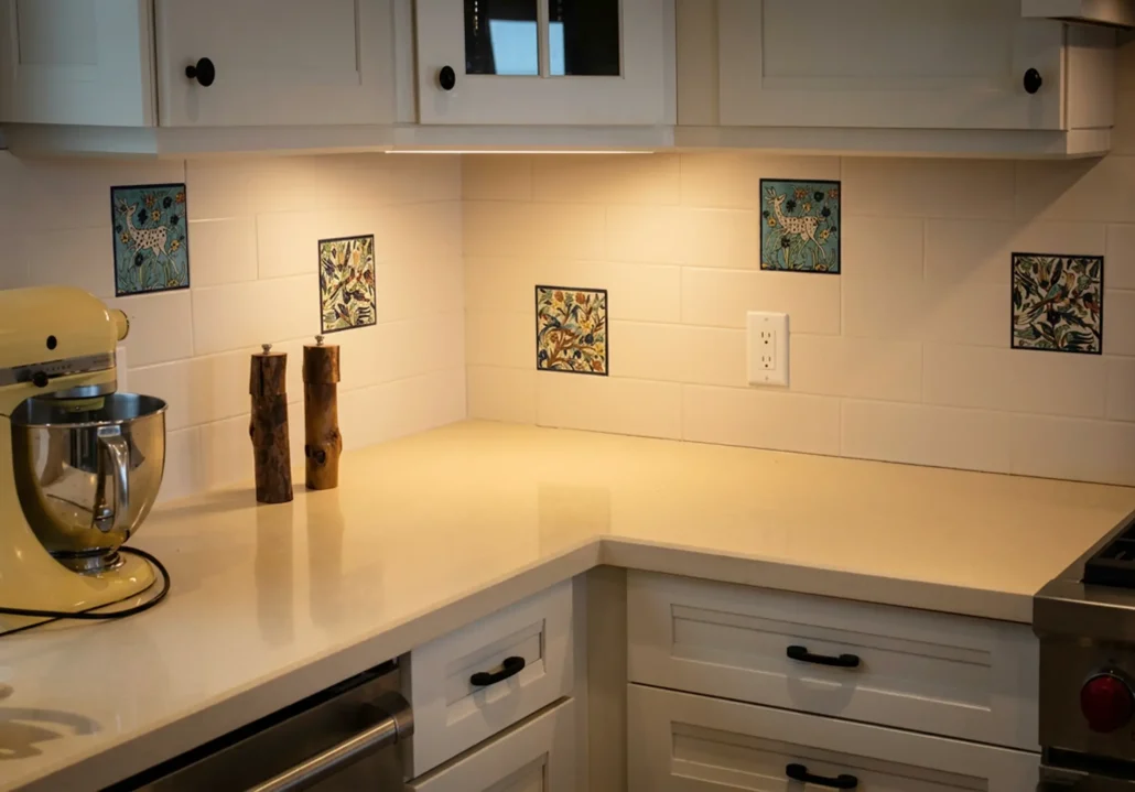 5 hand-painted accent tiles on a kitchen tile backsplash wall