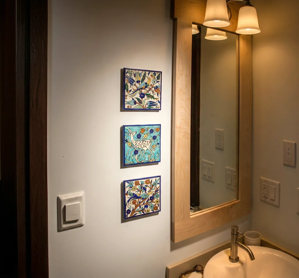 3 hand-painted accent tiles on a bathroom wall