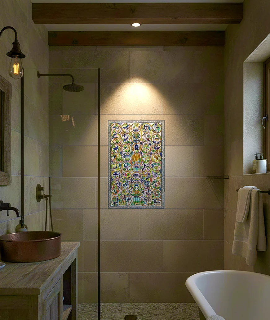 The Armenian Mosaic tile mural in a designer bathroom shower tile area