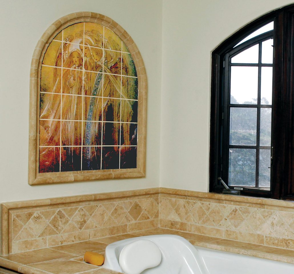 Arched hand-painted ceramic tile mural panel installed above a bathtub, depicting a figurative scene in warm golden tones