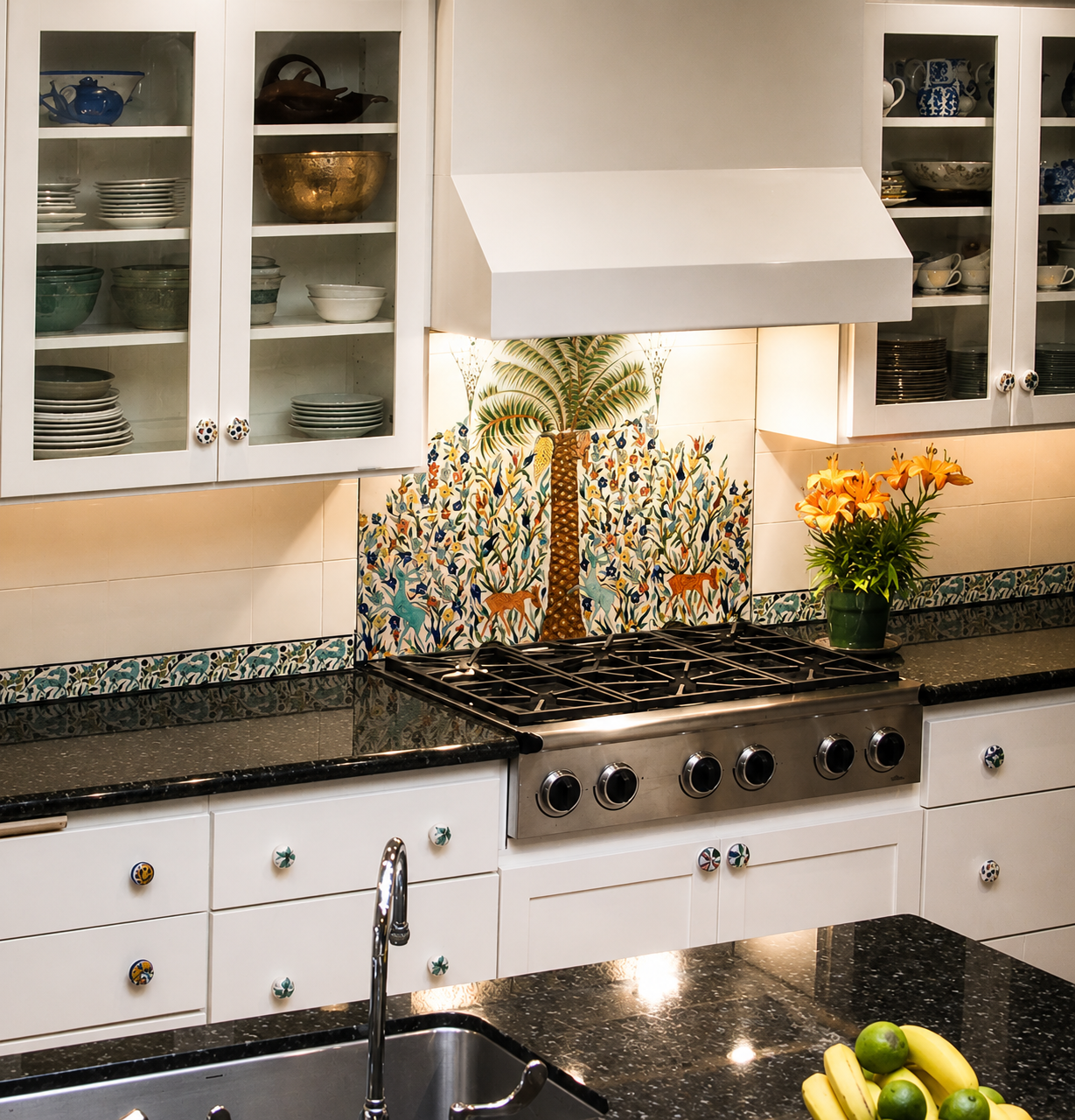 The Palm Tree kitchen backsplash tile mural - hand decorated ceramic tiles