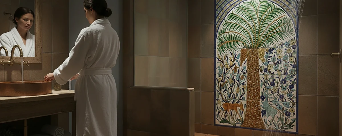 A shower tile idea with a hand-painted Balian Palm Tree tile mural on the wall