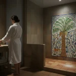 A shower tile idea with a hand-painted Balian Palm Tree tile mural on the wall