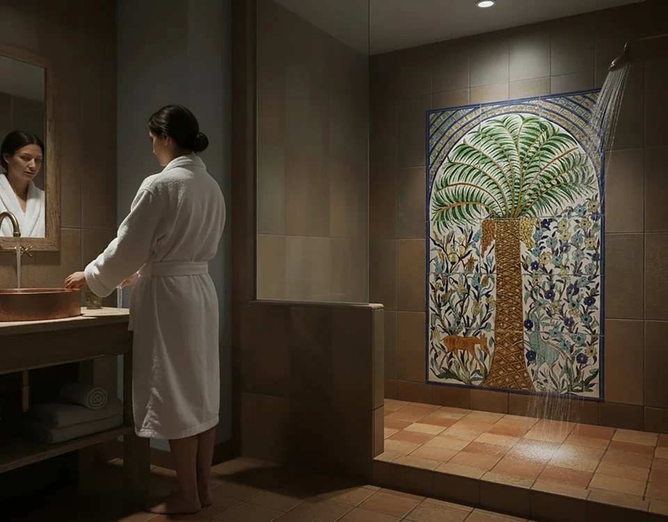 A shower tile idea with a hand-painted Balian Palm Tree tile mural on the wall