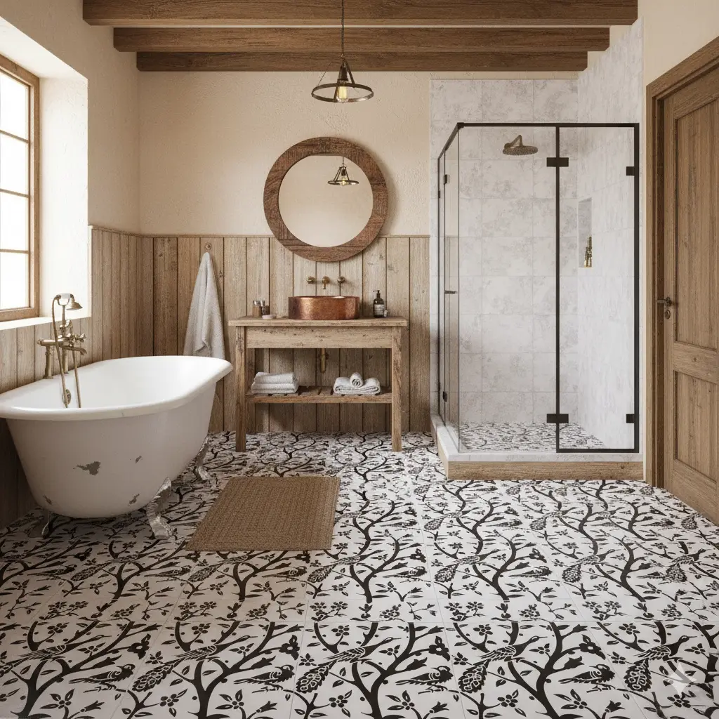 Shower tile idea with black floor tiles and hand-painted wall tiles