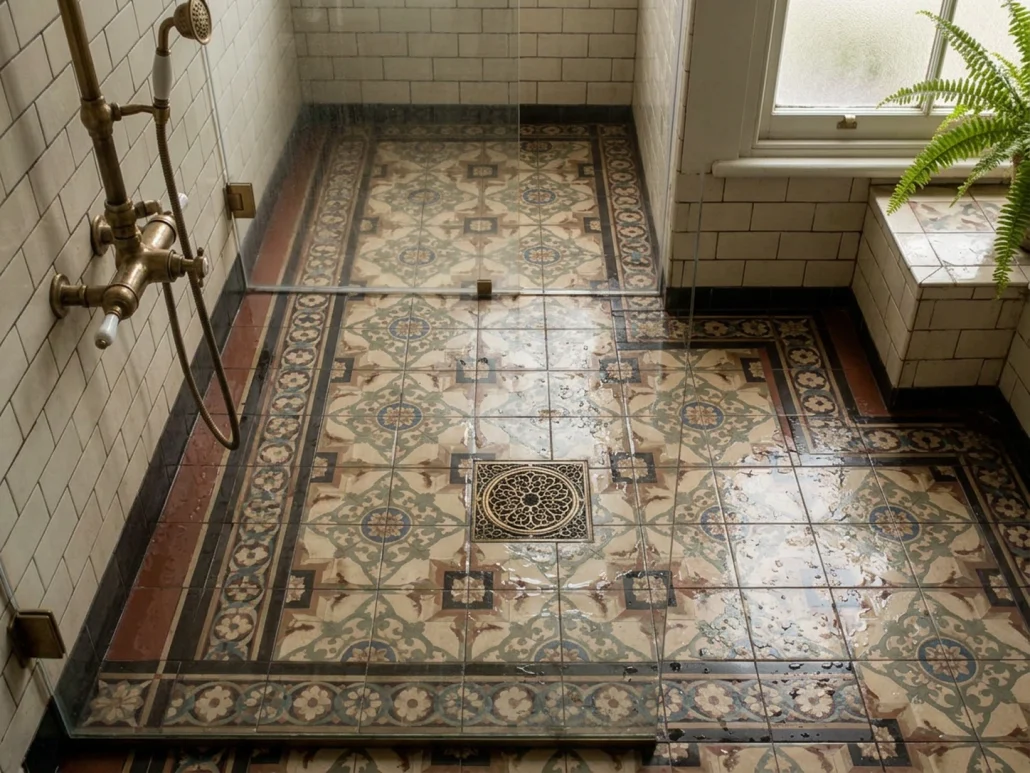 Victorian tiles on a shower floor