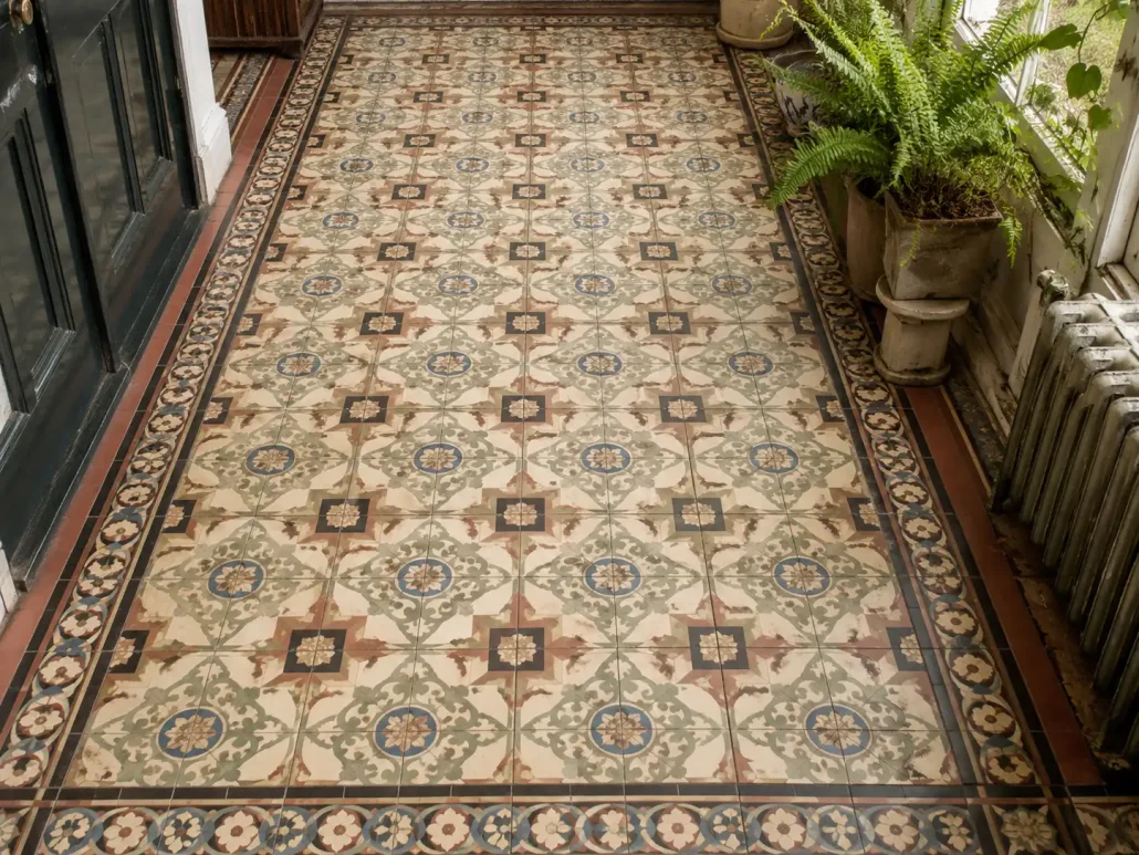 Victorian vintage tile floor of the type Balian matches and reproduces