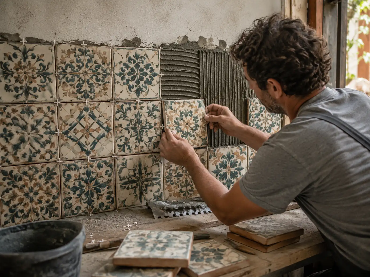 A tile installer installing vintage tiles