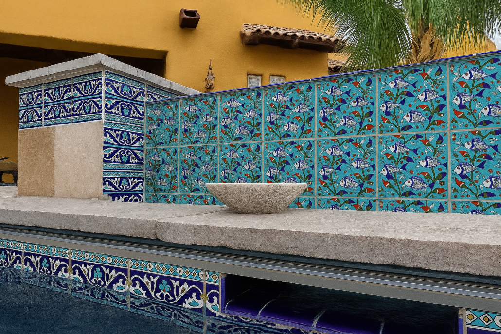6x6 inch porcelain pool tiles with light blue background and images of fish