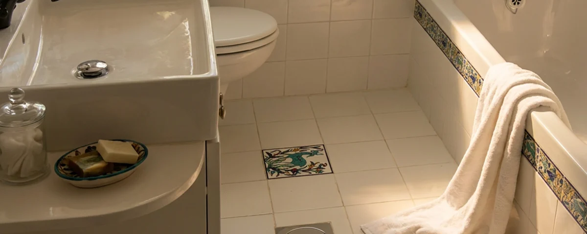Two accent tiles on the bathroom floor by a band of hand painted Balian subway tiles