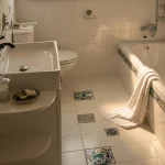 Two accent tiles on the bathroom floor by a band of hand painted Balian subway tiles