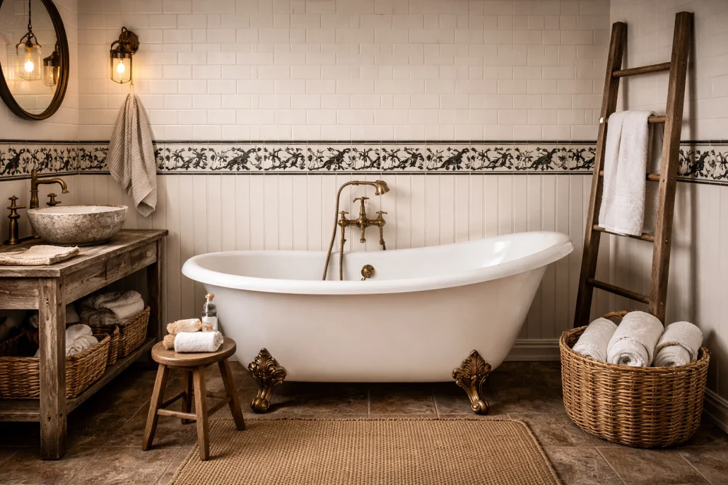 Hand-painted subway tiles along a bath tub with a shower head