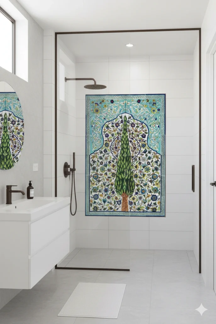 A colorful hand-painted tile mural by the Balian studio surrounded by plain white tiles in a shower setting