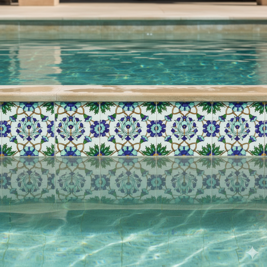 6x6 inch hand-decorated Balian waterline pool tiles at the edge of a pool