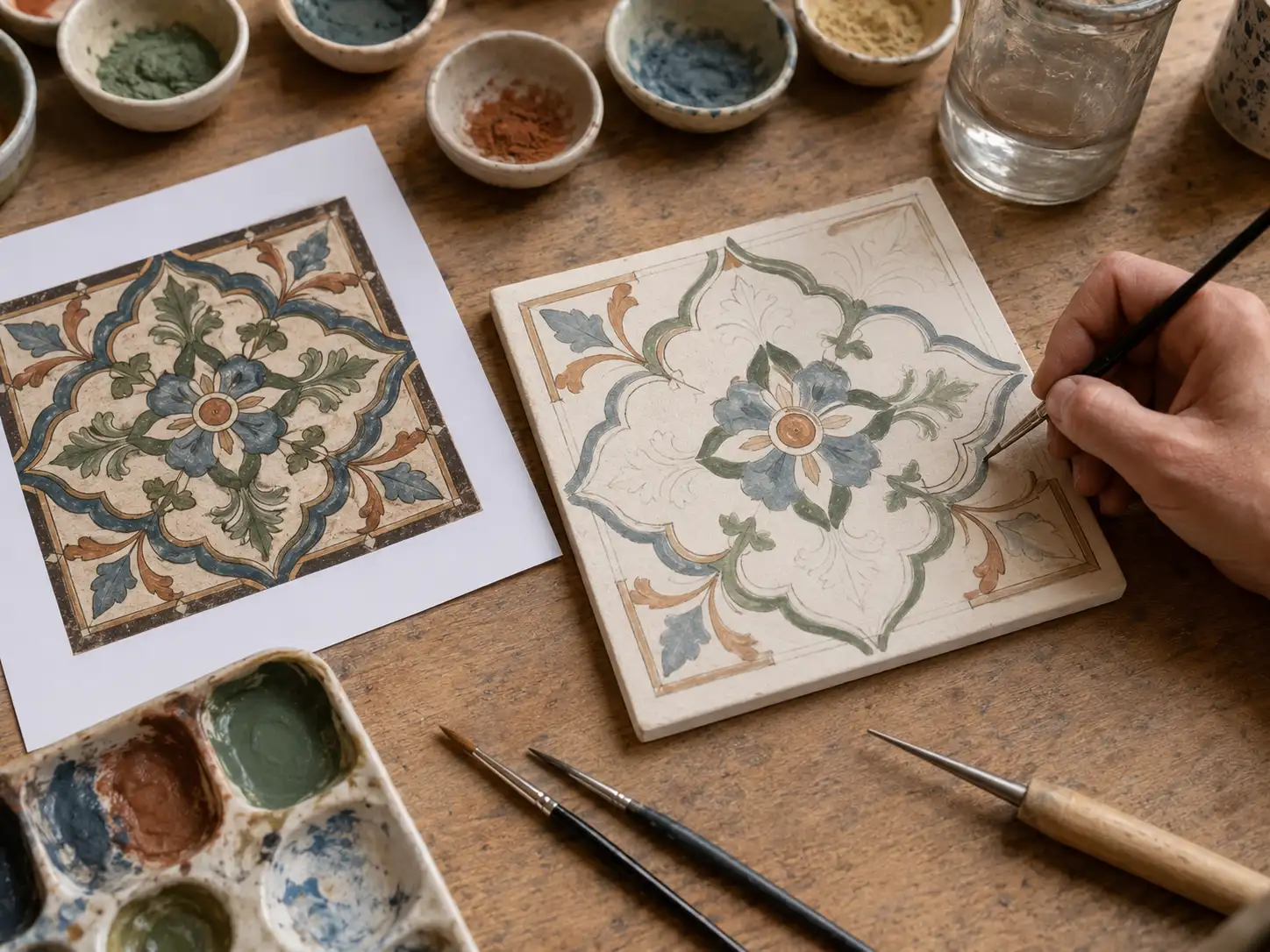 phot of vintage tile and actual reproduced pattern with brushes and ceramic colors on the artists table