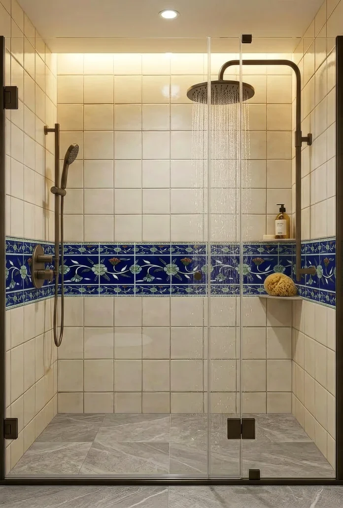 A shower tile area scene with hand-painted subway and decorative tiles