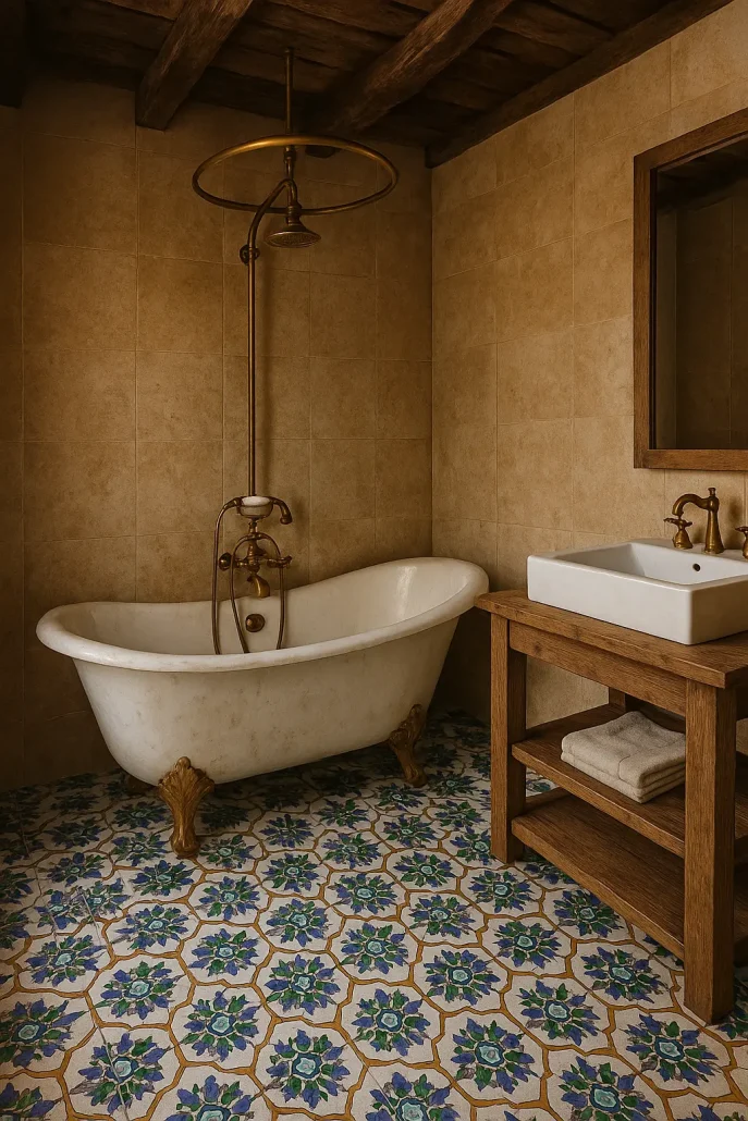 Hand-painted ceramic shower tile design idea