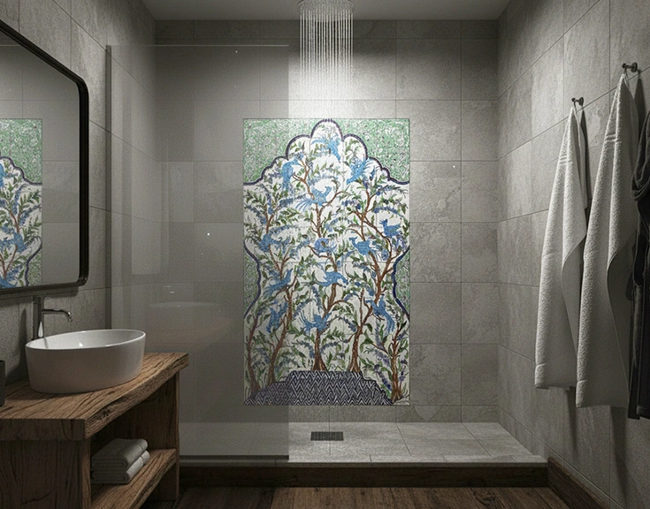 A hand-painted tile mural in a shower setting