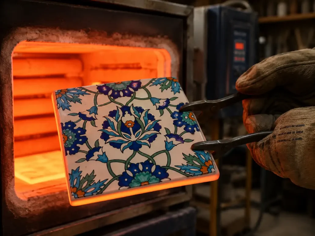 Porcelain pool tile being high-fired in a kiln for waterline durability