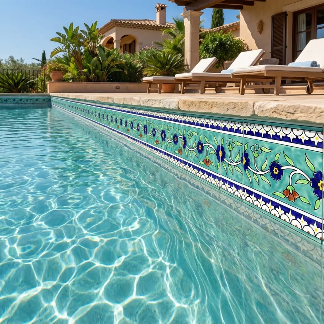 Light blue hand-painted porcelain pool tiles lining a swimming pool waterline