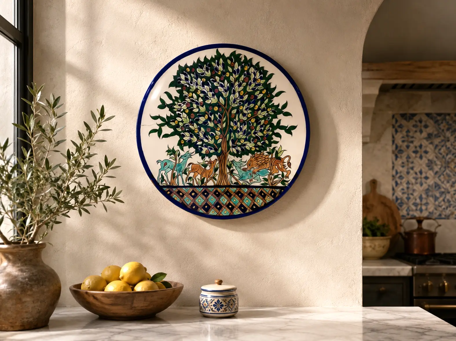 A hand painted decorative plate by a kitchen wall