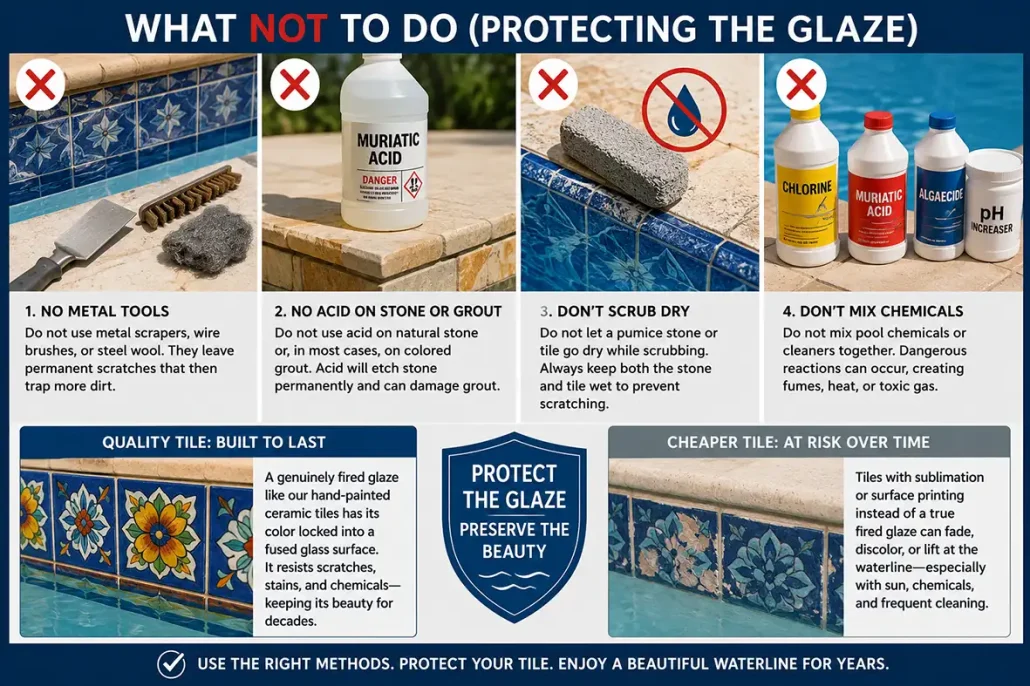 Scrubbing pool tile the wrong way, risking damage to the fired glaze