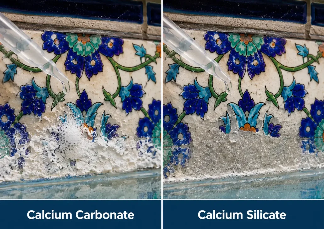 Close-up of calcium scale buildup on waterline pool tile