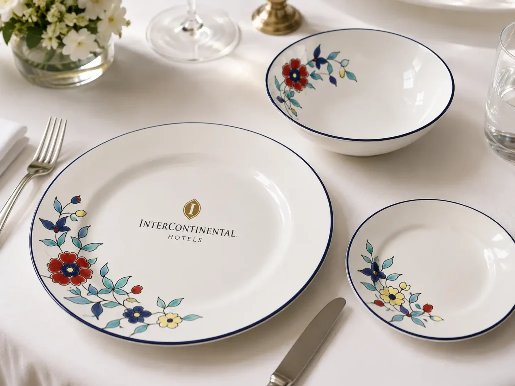 Custom Porcelain decoratibe plate, bowl and sideplate on a white cloth dinner table