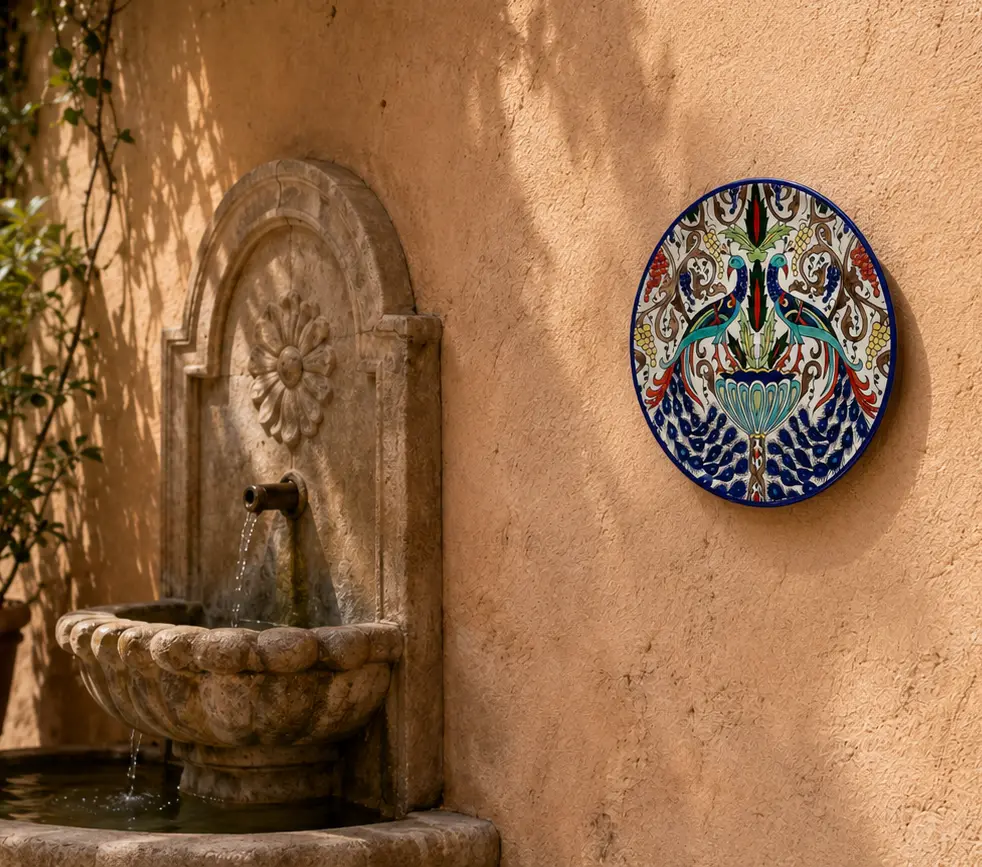 A decortive plate with 2 peacocks on an outside wall by a small fountain