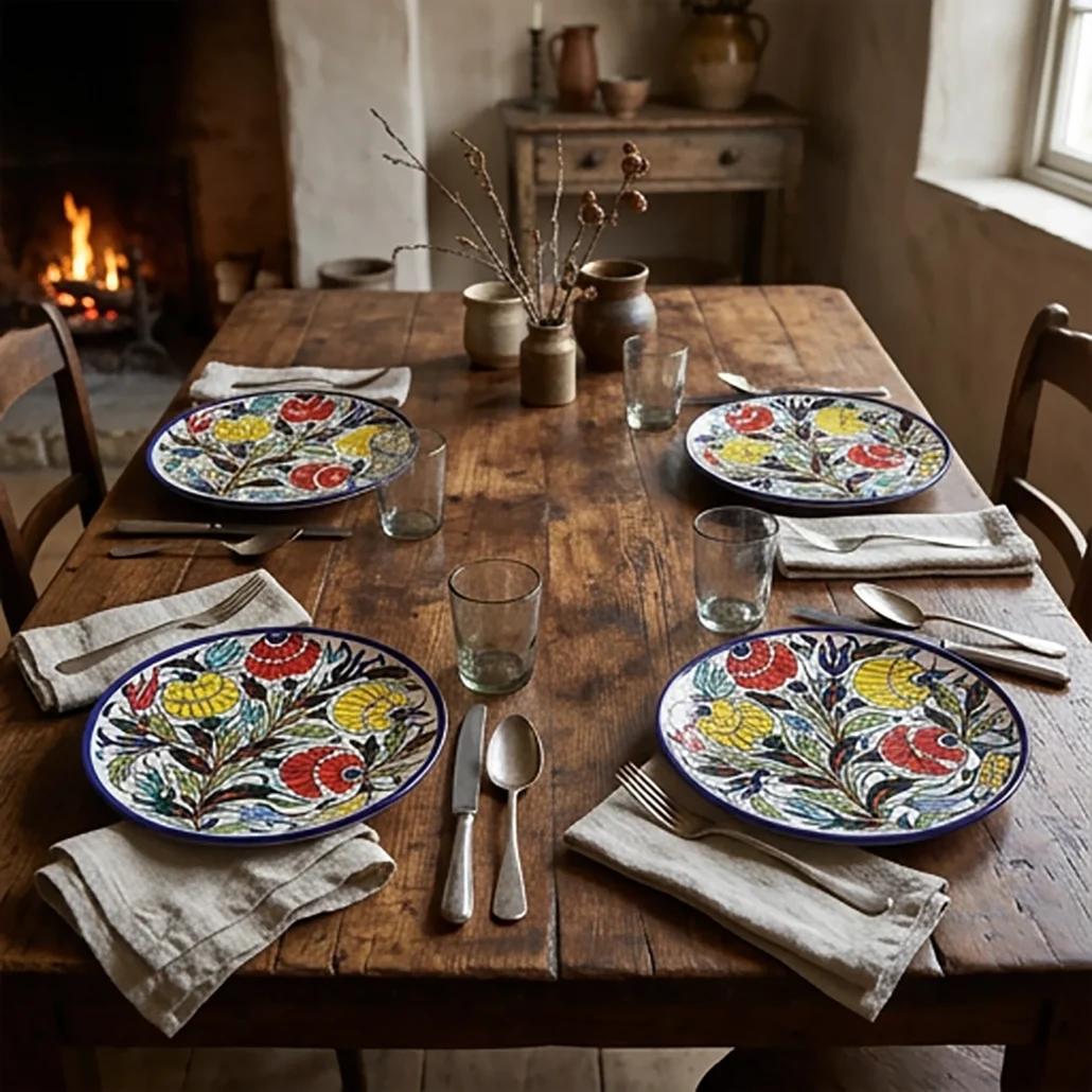 four Ploral series hand painted decorative plates on a rustic looking table