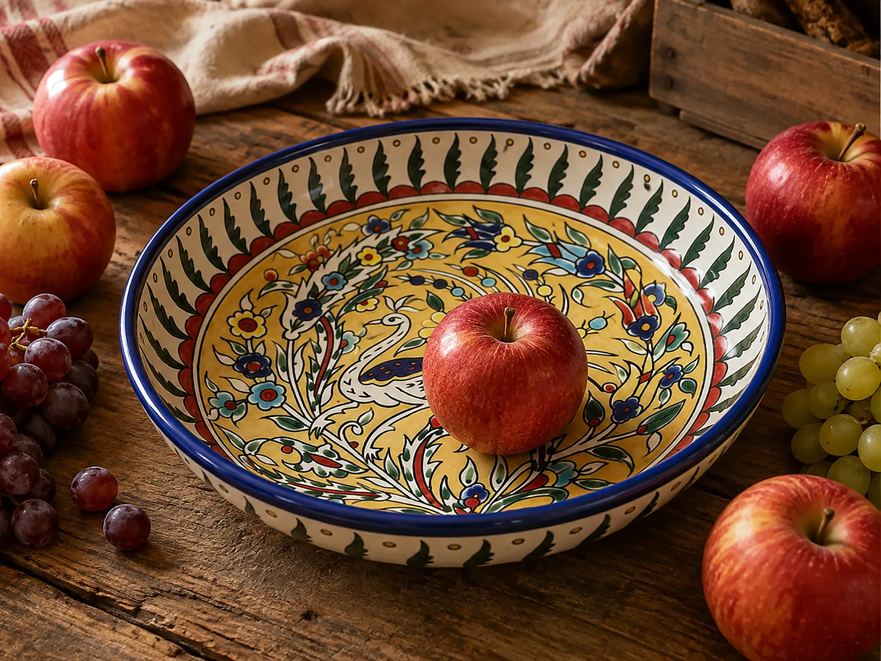 Yellow hand-painted decorative bowl holding apples and grapes, Armenian ceramic fruit bowl 13 in (33 cm) on a wooden table